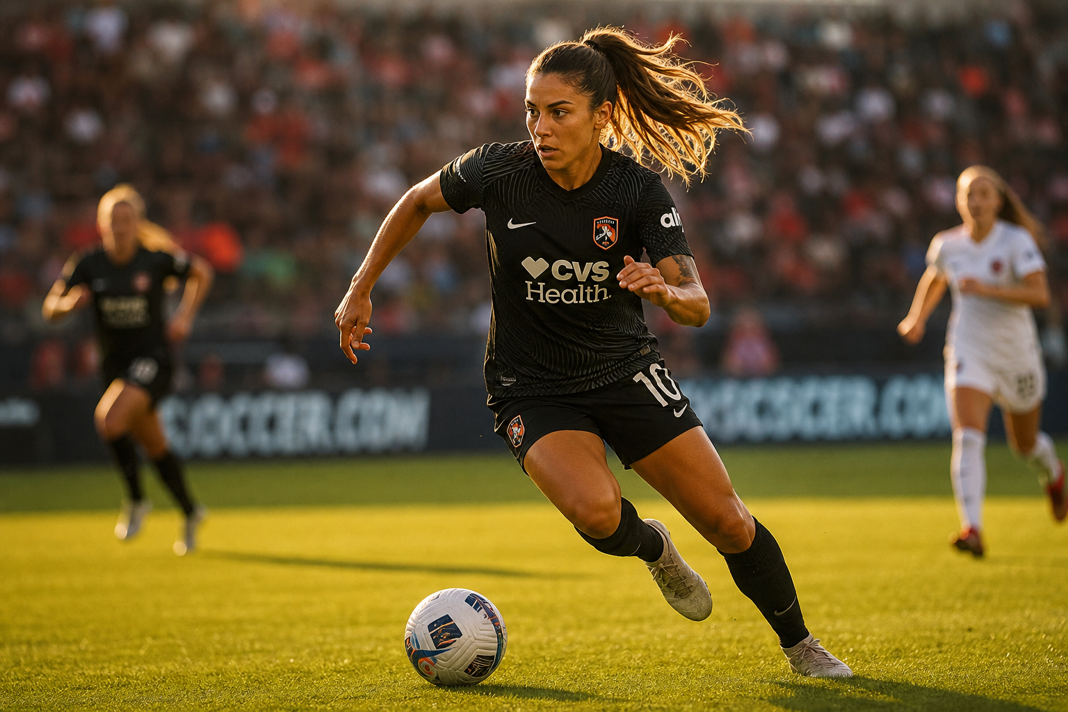 A female soccer athlete competing on the field with intense focus and dynamic movement.