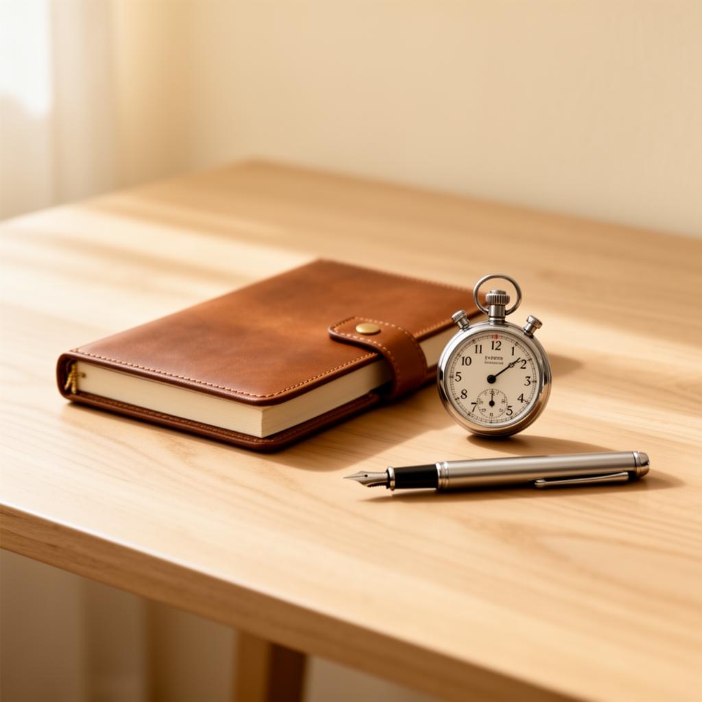 A leather journal, stopwatch, and fountain pen on a warm oak desk.